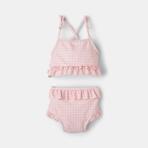 rise little earthling Ruffle Bow 2-pc Bathing Suit - Blue Fog Stripe / 0-6m